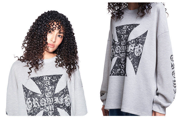 F3F Select Vintage Cross Print Waffle Long Sleeve Tee | Face 3 Face
