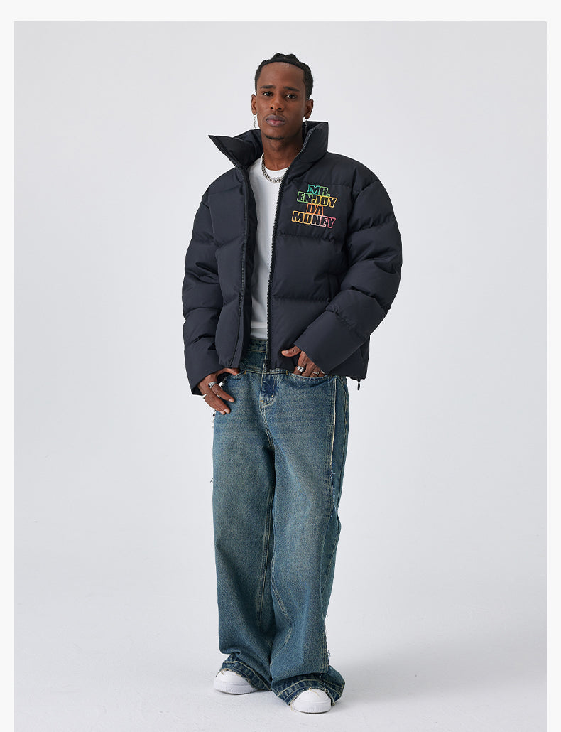 MEDM 3D Embroidered Rainbow Letters Down Jacket | Face 3 Face