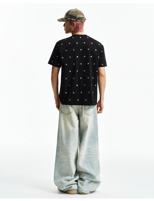 MEDM All Over Glitter Star Print Logo Patch Short Sleeve Tee | Face 3 Face
