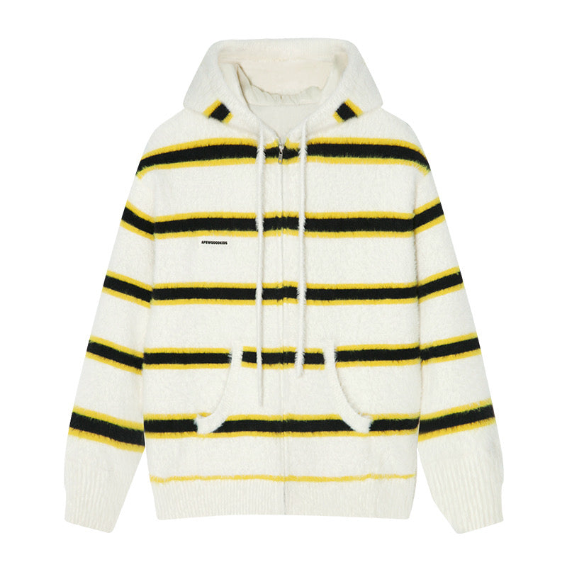 AFGK Striped Zipper Hooded Peplum Knit Jacket