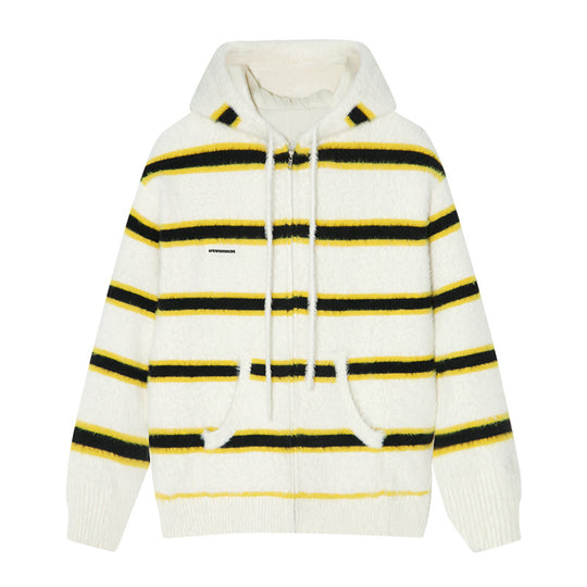 AFGK Striped Zipper Hooded Peplum Knit Jacket