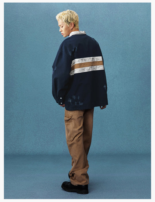 MEDM Asymmetric Collar Stripes Long Sleeve Polo | Face 3 Face