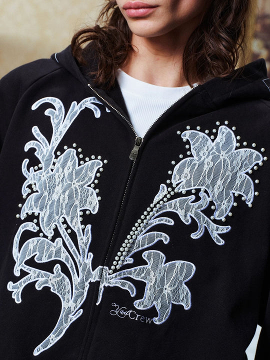 YADcrew Floral Lace Pearl Embellished Zip Up Hoodie | Face 3 Face