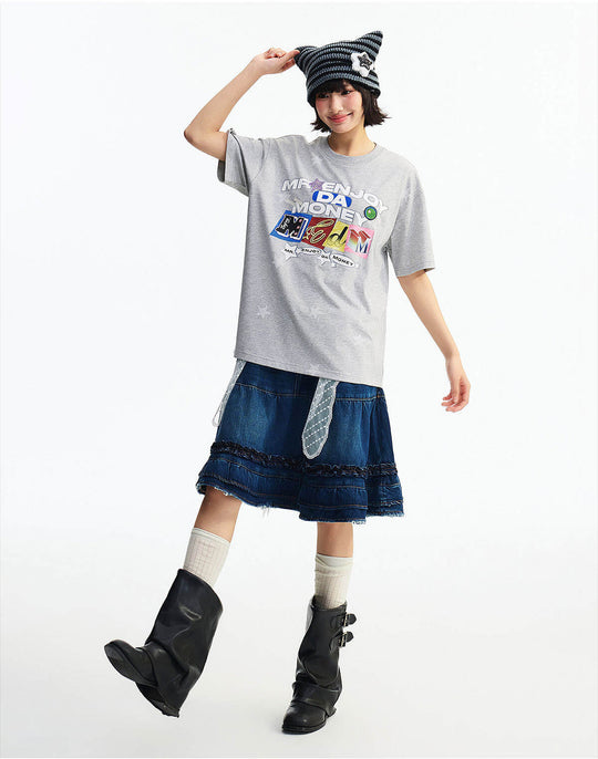 MEDM All Over Star and Graphic Logo Print Short Sleeve Tee | Face 3 Face