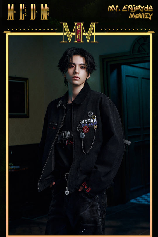 MEDM × HUNTER×HUNTER Logo Embroidered Washed Distressed Detroit Jacket