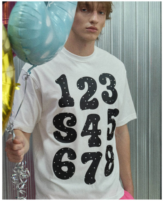 S45 Number Print Rhinestone Short Sleeve Tee | Face 3 Face