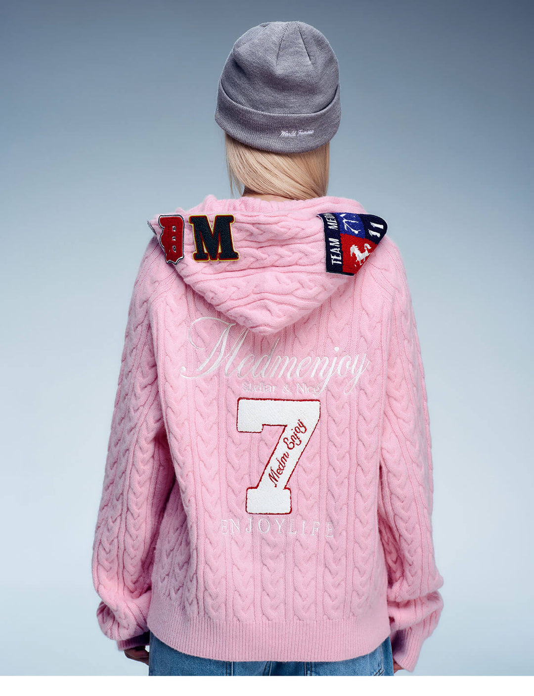 MEDM Patch Applique Zip Up Knit Hoodie | Face 3 Face