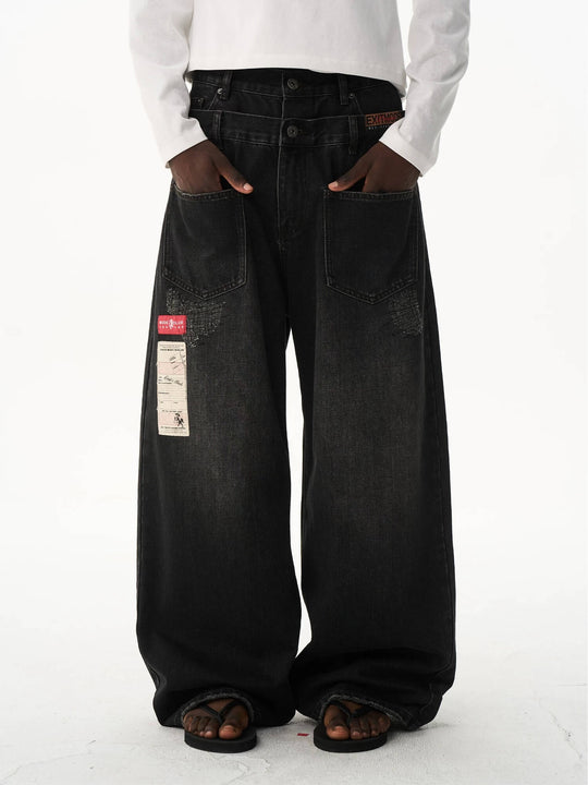 EXITMODE BY BLIND NO PLAN Double Waist Washed Patch Embroidered Baggy Jeans | Face 3 Face