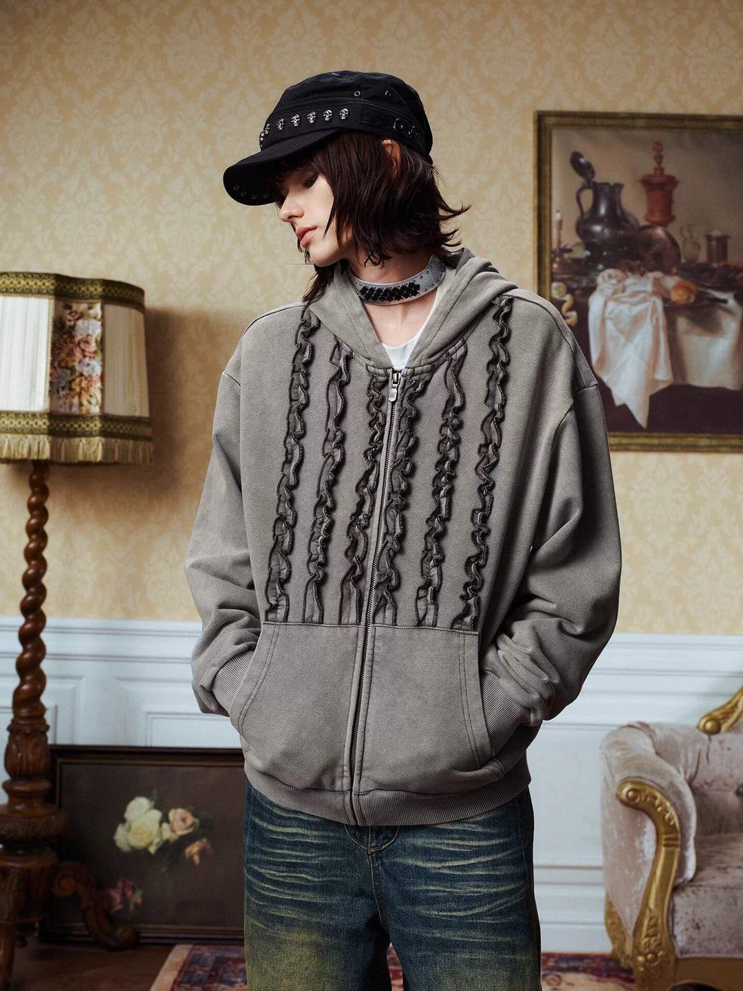 YADcrew Ruffle Washed Zip Up Hoodie