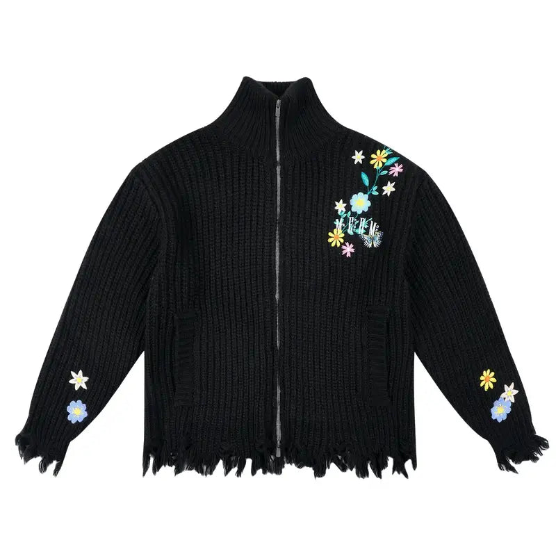 MEDM Frayed Hem Floral Embroidered Knit Cardigan | Face 3 Face