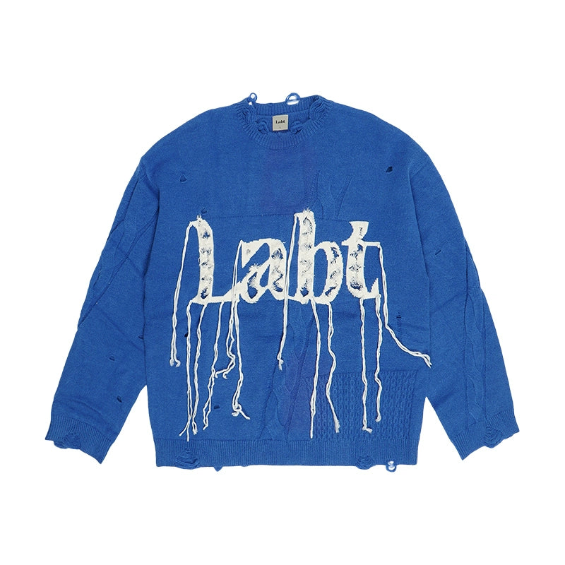 Labt Fringe Lanyard Logo Distressed Knit Sweater | Face 3 Face