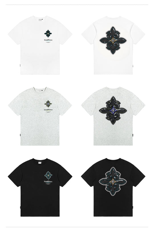 Small Town Kid Cross Pearl Sequin Beaded Embroidery Tee | Face 3 Face