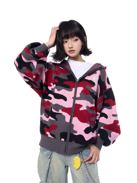 AFGK Pink Camouflage Zip-Up Knit Hoodie | Face 3 Face