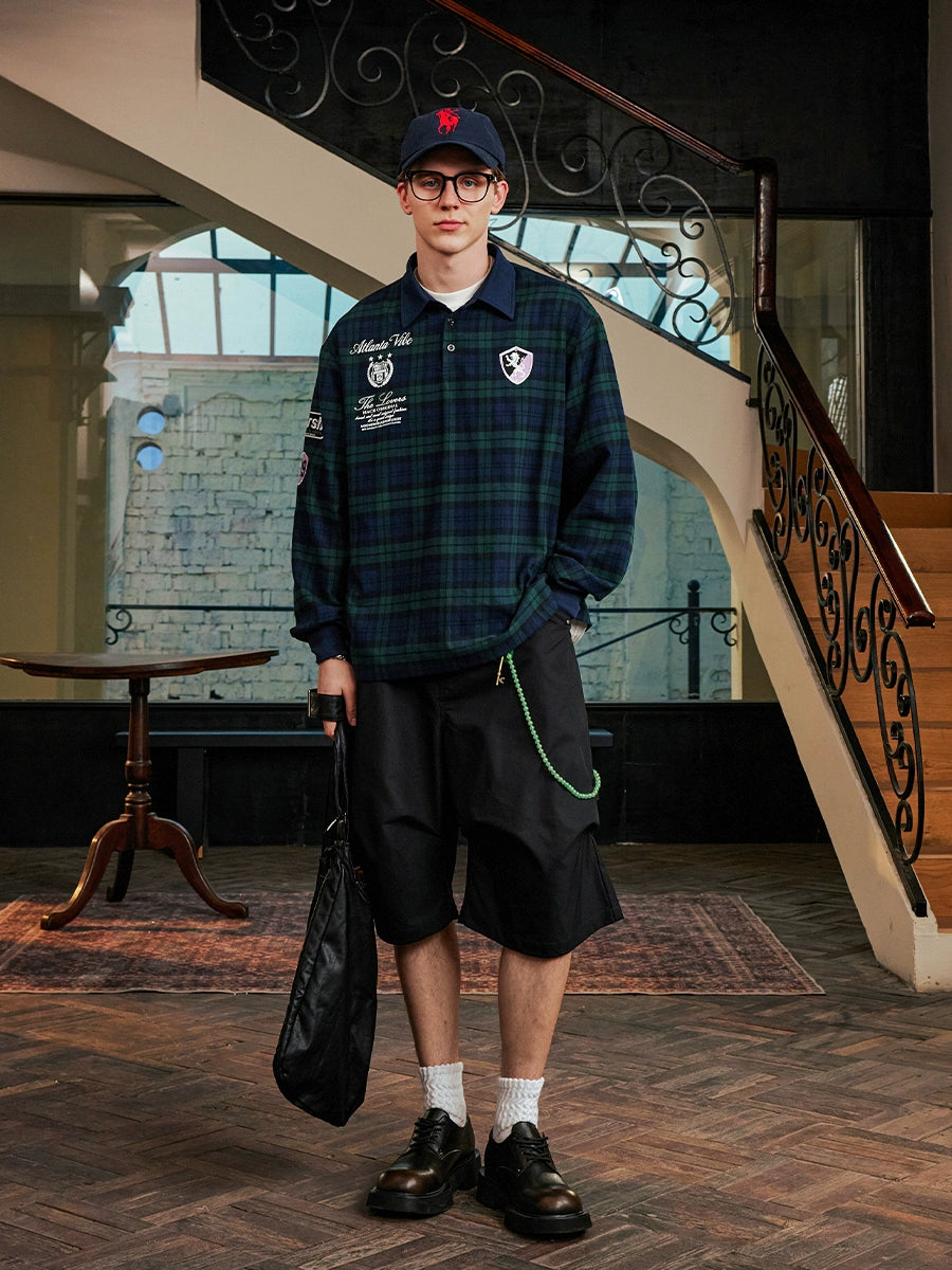 Harsh and Cruel Brushed Tartan Badge Embroidered Long Sleeve Polo | Face 3 Face