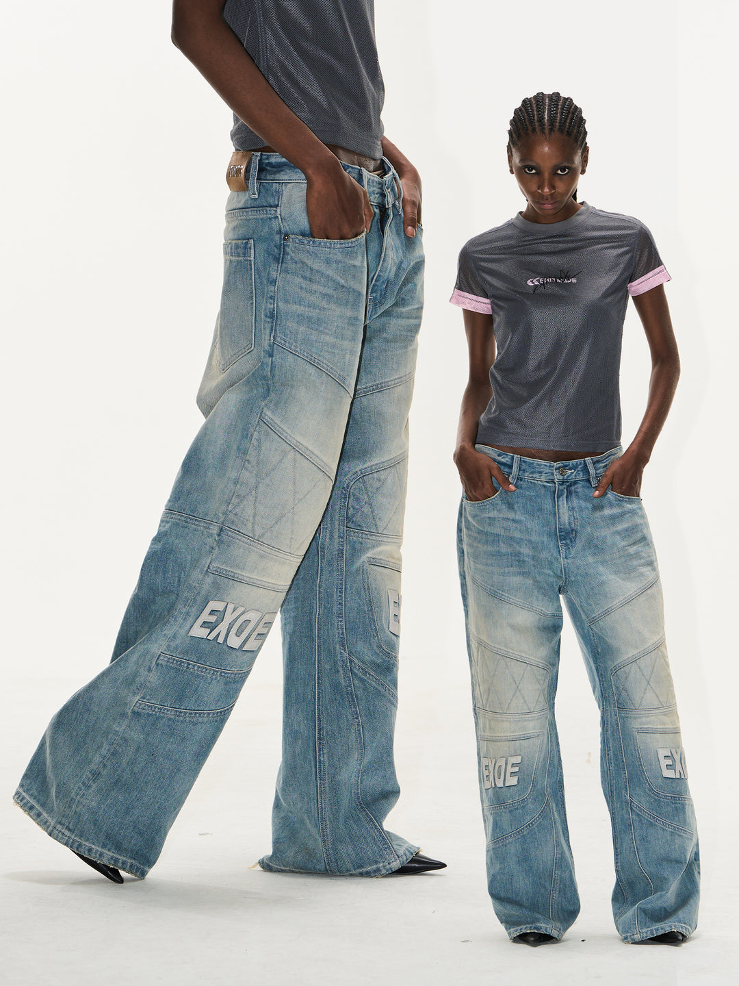 BLIND NO PLAN Washed Biker Patchwork Leather Embroidered Baggy Jeans | Face 3 Face