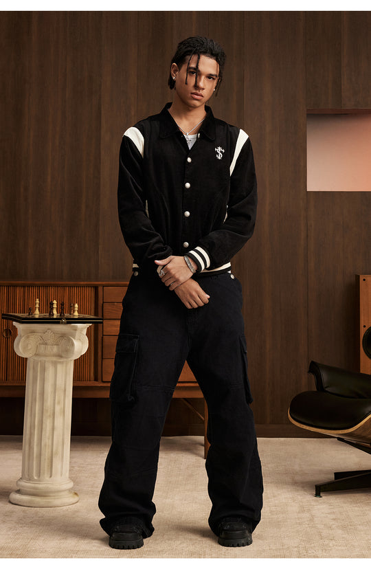 Small Town Kid Rivet Cross stitching Patch Corduroy Varsity Jacket | Face 3 Face