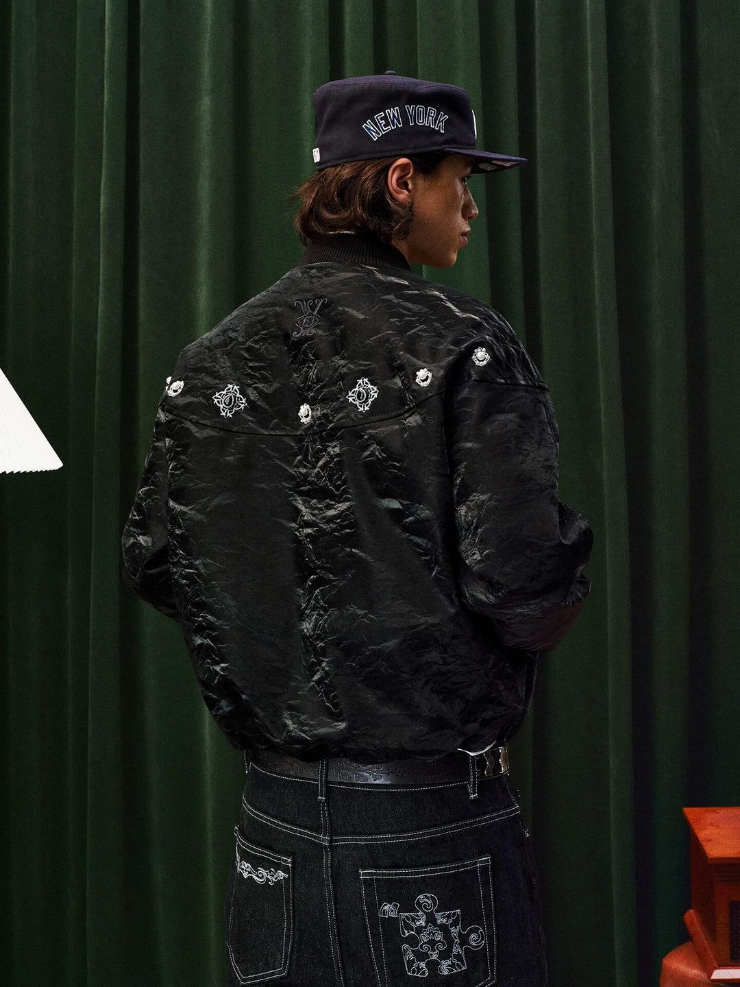 YADcrew Velvet PU Leather Pearl Jewelry Bomber Jacket | Face 3 Face