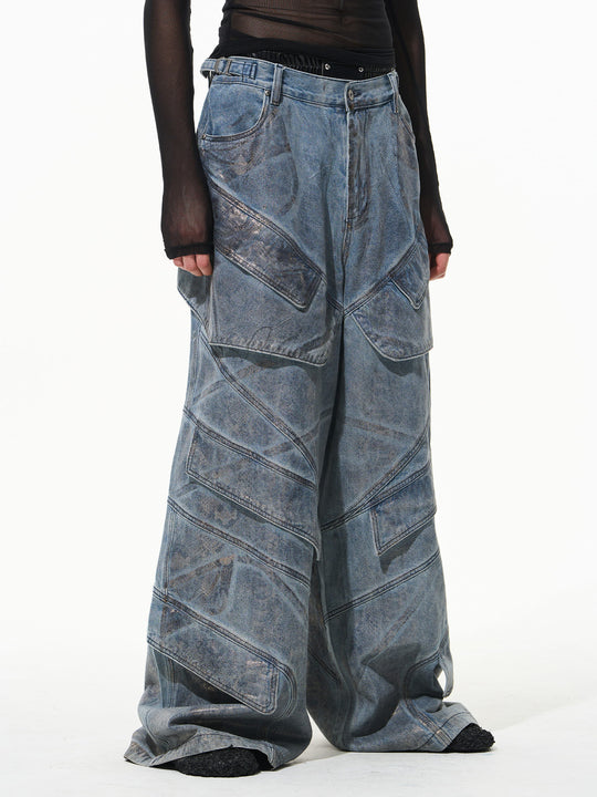 BLIND NO PLAN Snake-Print Patchwork Baggy Jeans | Face 3 Face