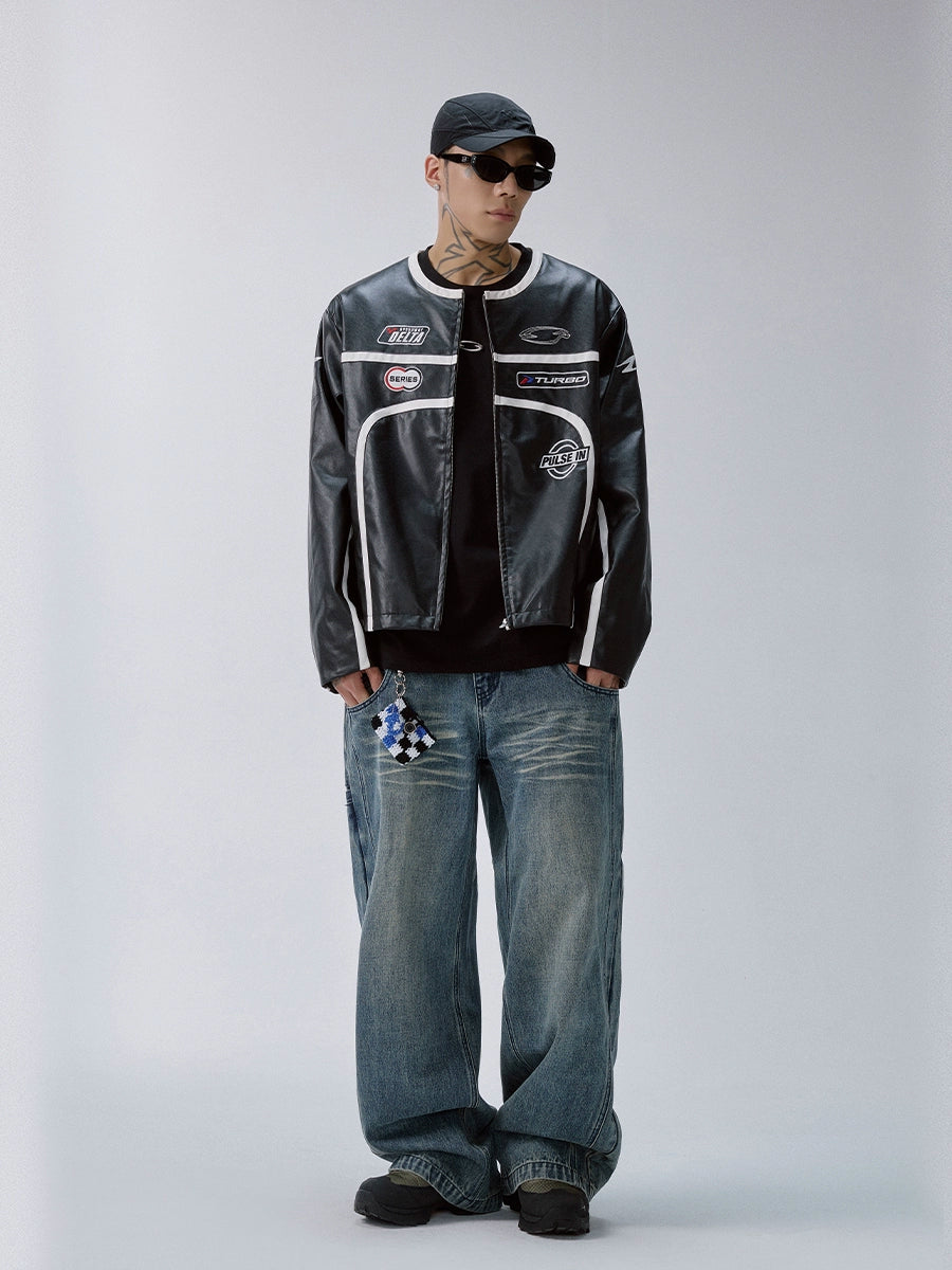 F2CE Striped Panel PU Leather Racing Jacket | Face 3 Face