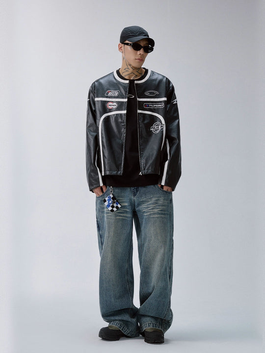 F2CE Striped Panel PU Leather Racing Jacket | Face 3 Face