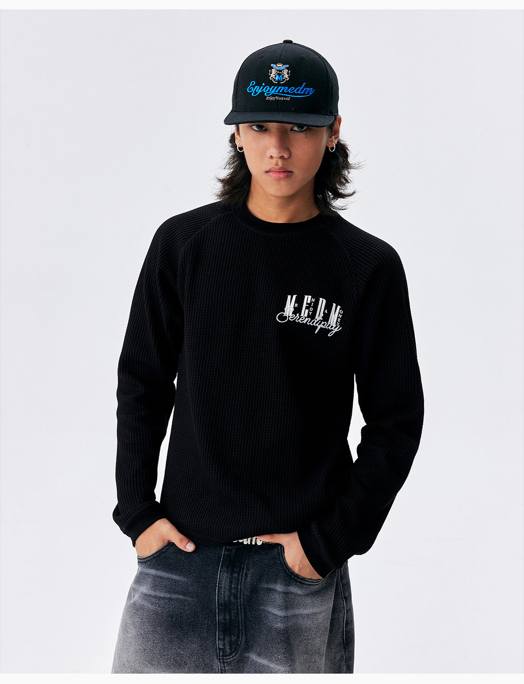 MEDM Logo Embroidered Print Waffle Long Sleeve Tee | Face 3 Face