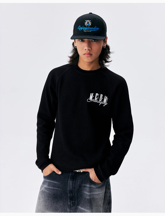 MEDM Logo Embroidered Print Waffle Long Sleeve Tee | Face 3 Face