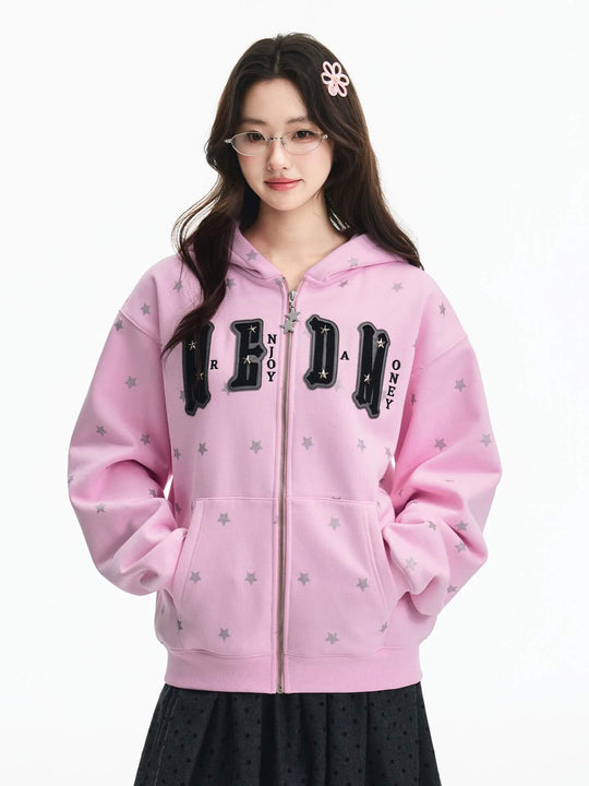 MEDM All Over Glitter Star Print Logo Patch Zip Up Hoodie | Face 3 Face