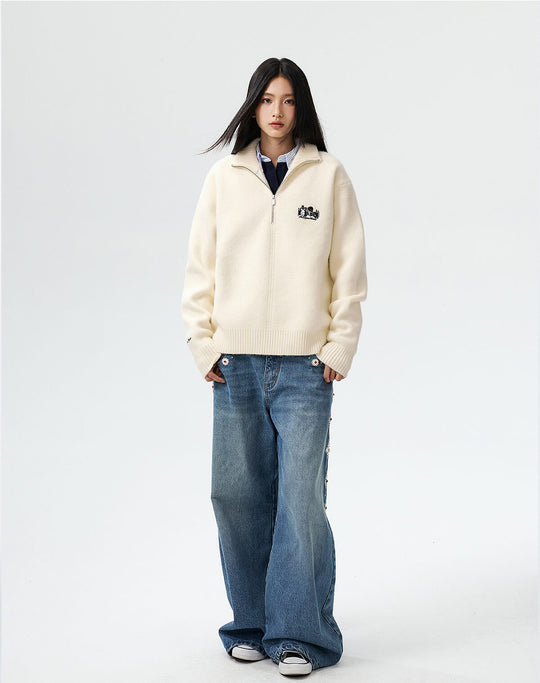 MEDM Rose Embroidered Half Zip Knit Sweater | Face 3 Face