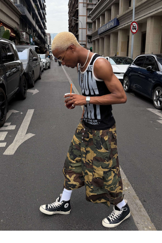 STEEPC Button Fly Camo Baggy Cargo Shorts | Face 3 Face