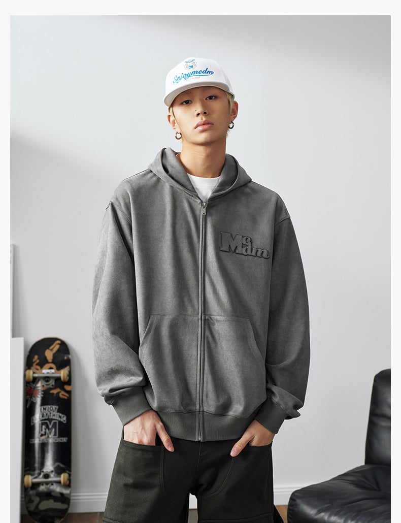 MEDM Suede Logo Patch Zip-Up Hoodie | Face 3 Face