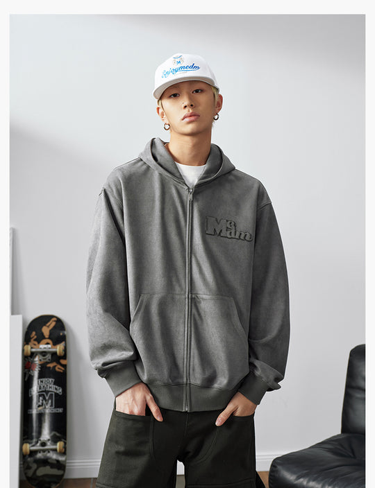 MEDM Suede Logo Patch Zip-Up Hoodie | Face 3 Face