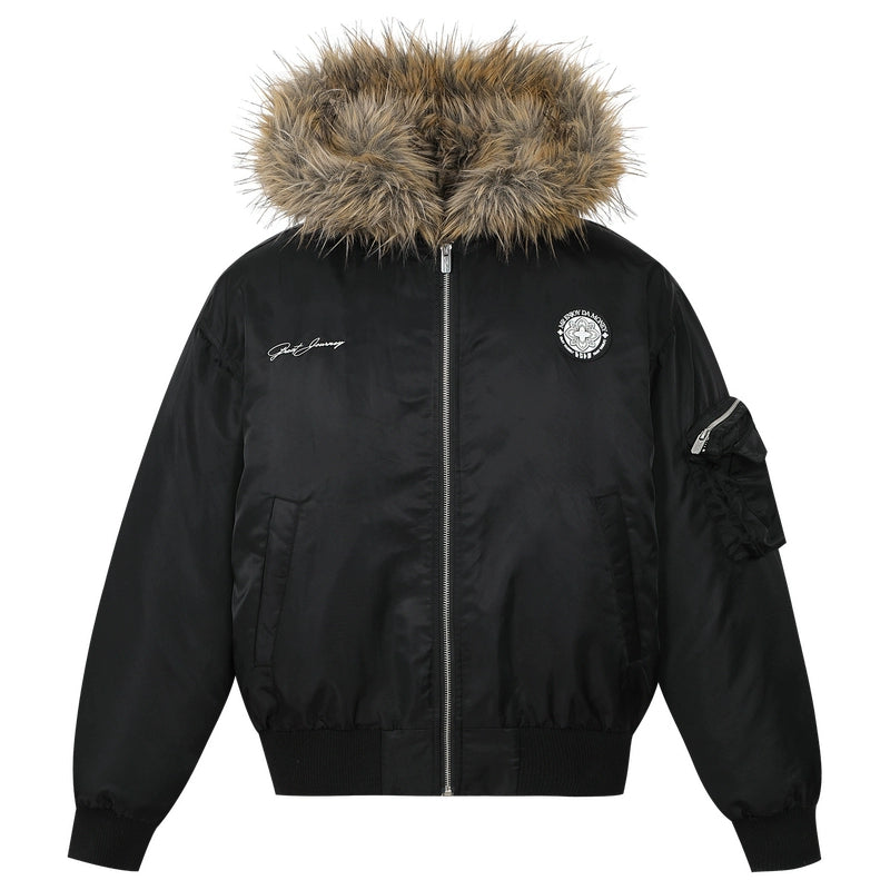 MEDM Silicone Logo Patch Fur Hooded Bomber Jacket | Face 3 Face