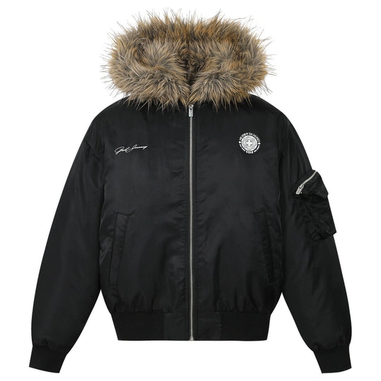 MEDM Silicone Logo Patch Fur Hooded Bomber Jacket | Face 3 Face