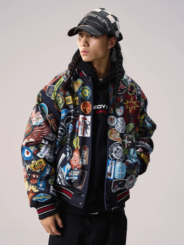 Remedy All Over Badge Print Varsity Jacket | Face 3 Face