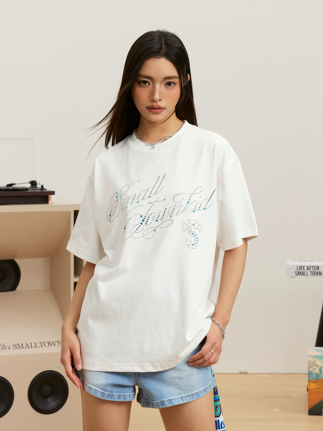 Small Town Kid Rhinestone Jewelry Lettering Tee | Face 3 Face