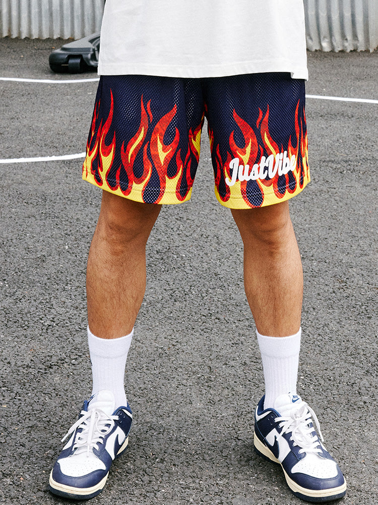 JUST VIBE Flame Mesh Basketball Shorts | Face 3 Face