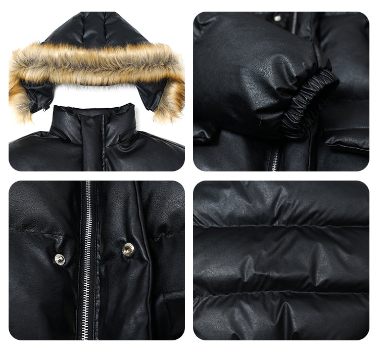 F3F Select Fur Hooded Removable PU Leather Puffer Jacket | Face 3 Face