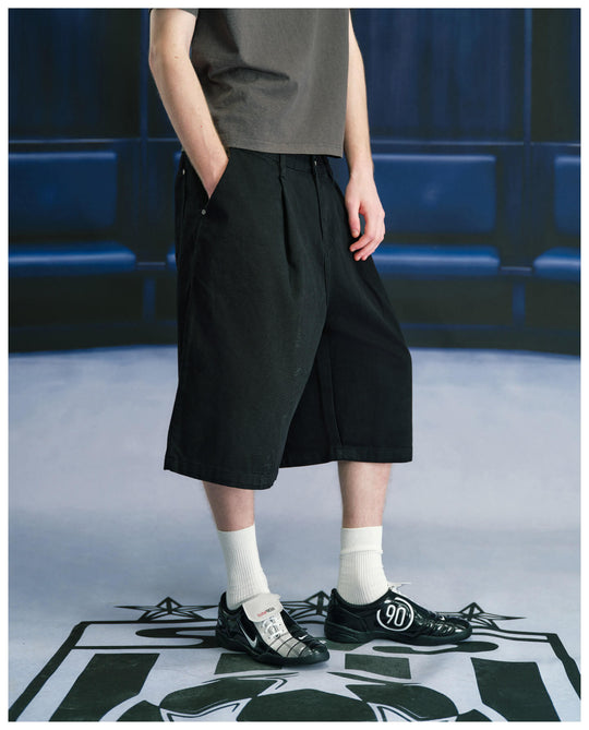 S45 3D Pleat Washed Denim Baggy Shorts | Face 3 Face