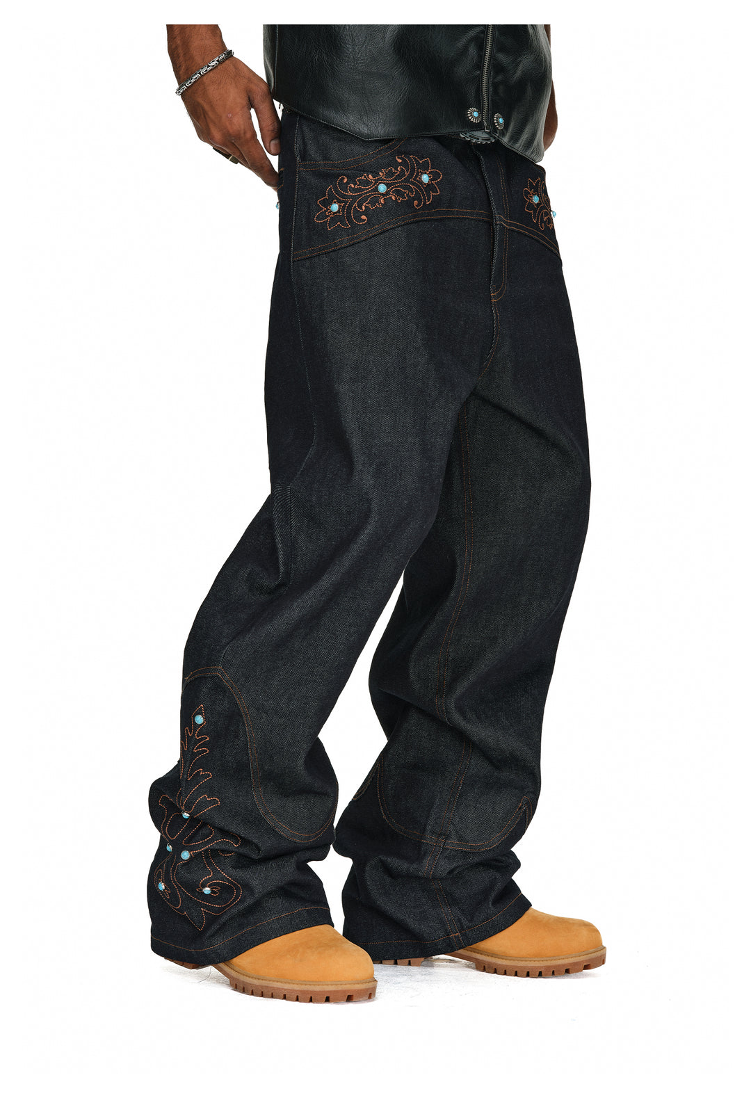 ANTIDOTE Turquoise Studded Embroidered Western Jeans | Face 3 Face