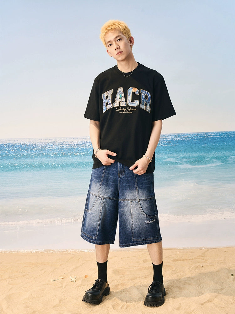 Harsh and Cruel HACR Turquoise Denim Patch Embroidered Tee | Face 3 Face