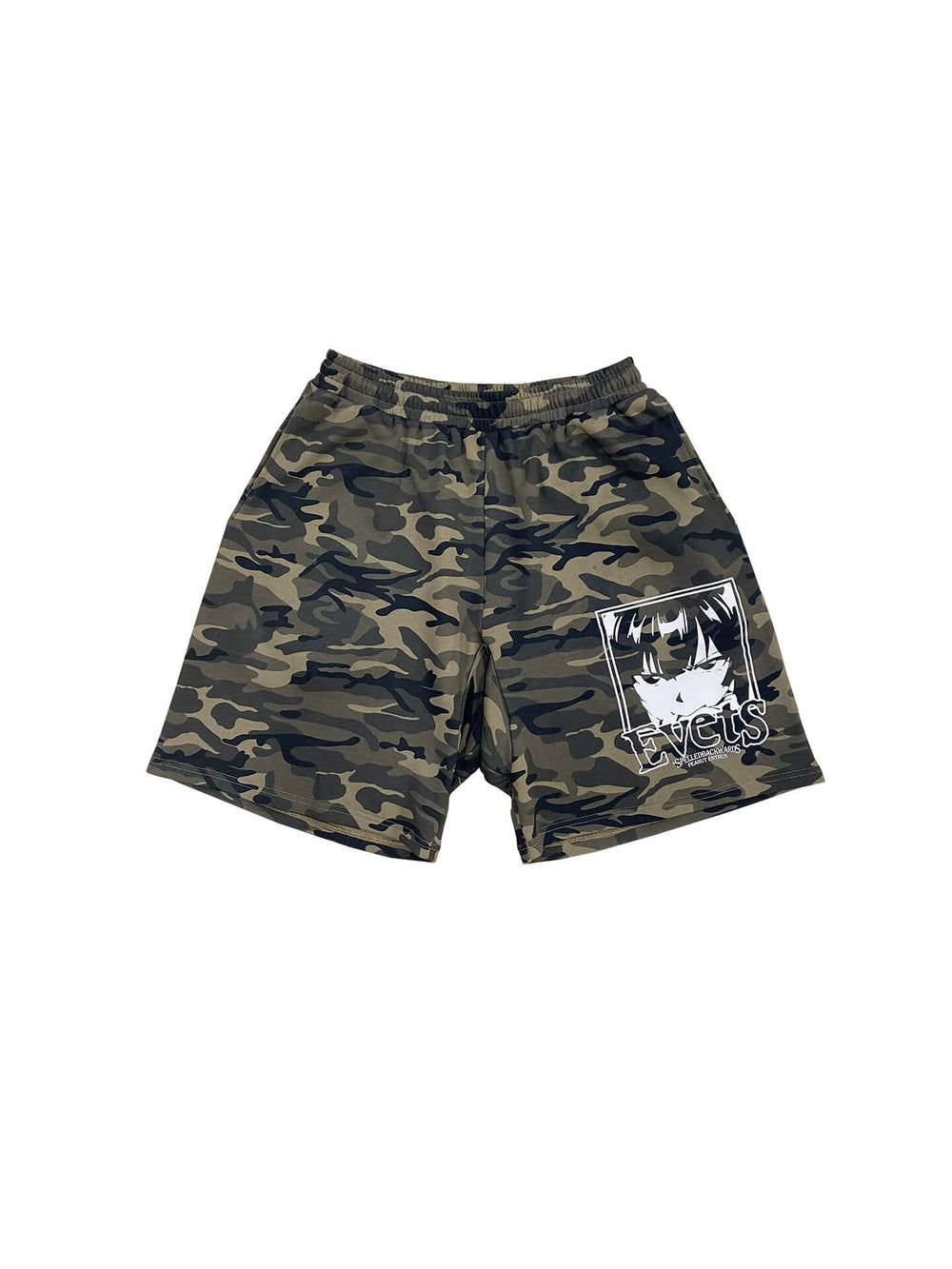 EVETS Anime Graphic Print Camo Baggy Sweat Shorts | Face 3 Face