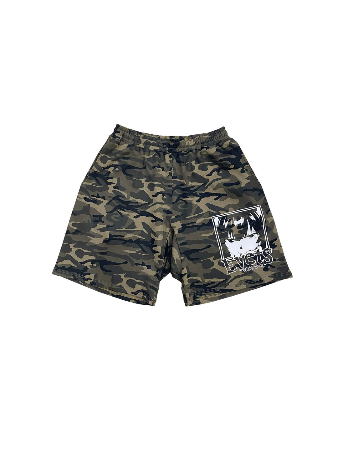 EVETS Anime Graphic Print Camo Baggy Sweat Shorts | Face 3 Face