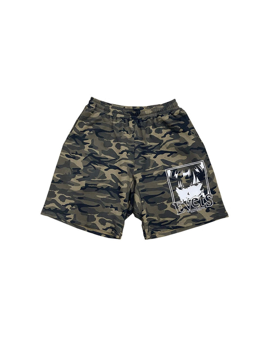 EVETS Anime Graphic Print Camo Baggy Sweat Shorts | Face 3 Face