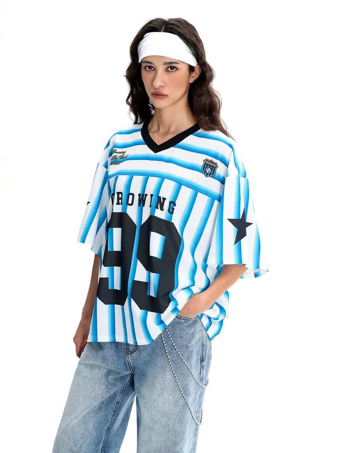 F3F Select Striped Mesh Star Print V Neck Short Sleeve Soccer Jersey | Face 3 Face