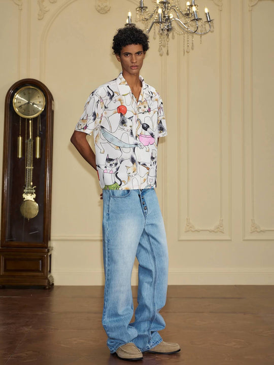 YADcrew All Over Cat Print Short Sleeve Shirt | Face 3 Face