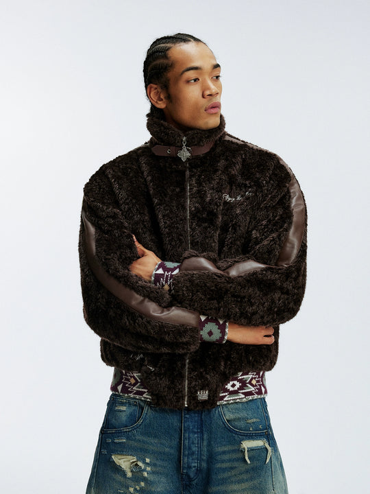 MEDM Ethnic Trim Belted Sherpa Jacket | Face 3 Face