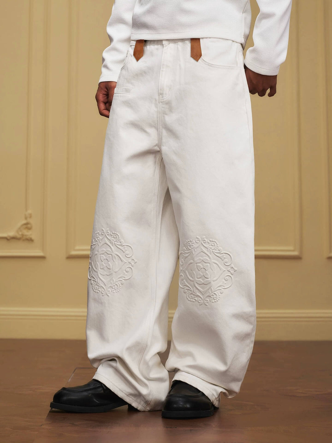 YADcrew Embossed Knee Leather Belt Loop Jeans | Face 3 Face