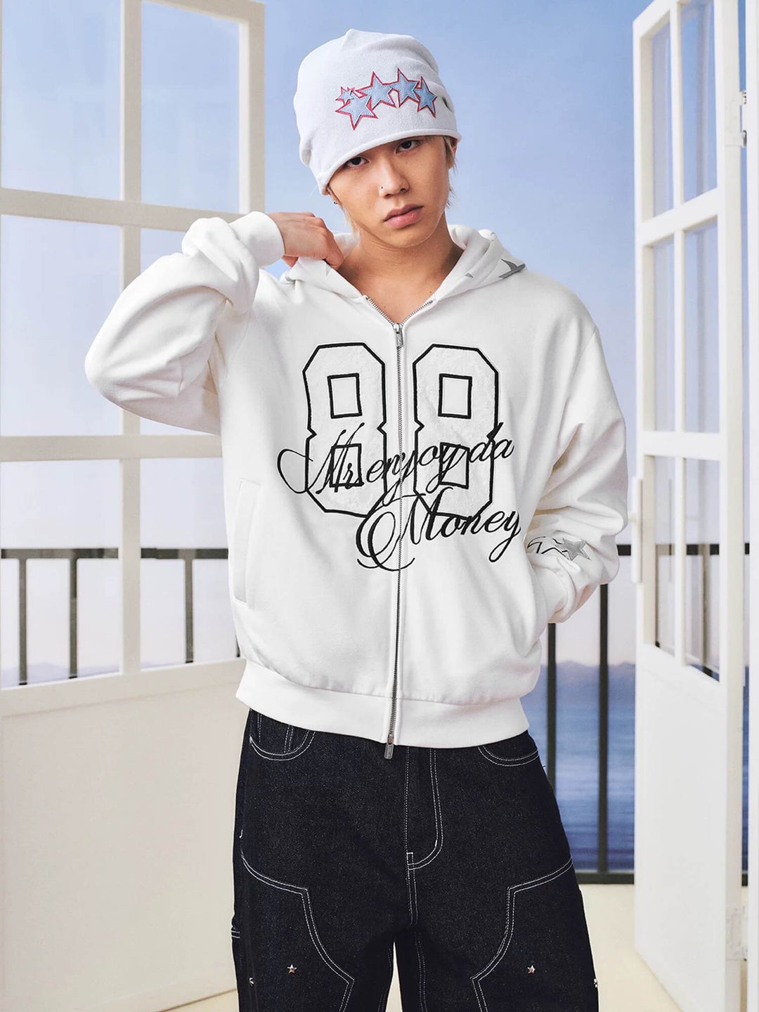 MEDM Lace Number Embroidered Star Print Zip Up Hoodie | Face 3 Face
