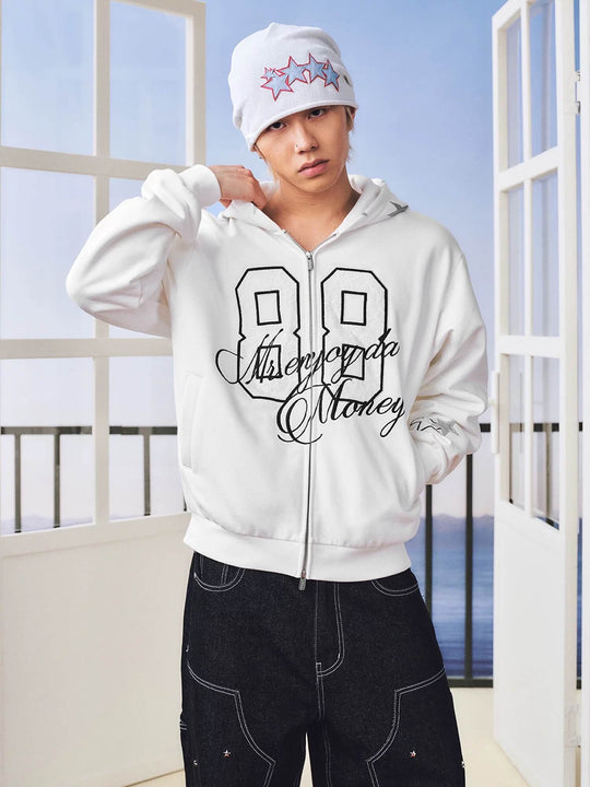 MEDM Lace Number Embroidered Star Print Zip Up Hoodie | Face 3 Face