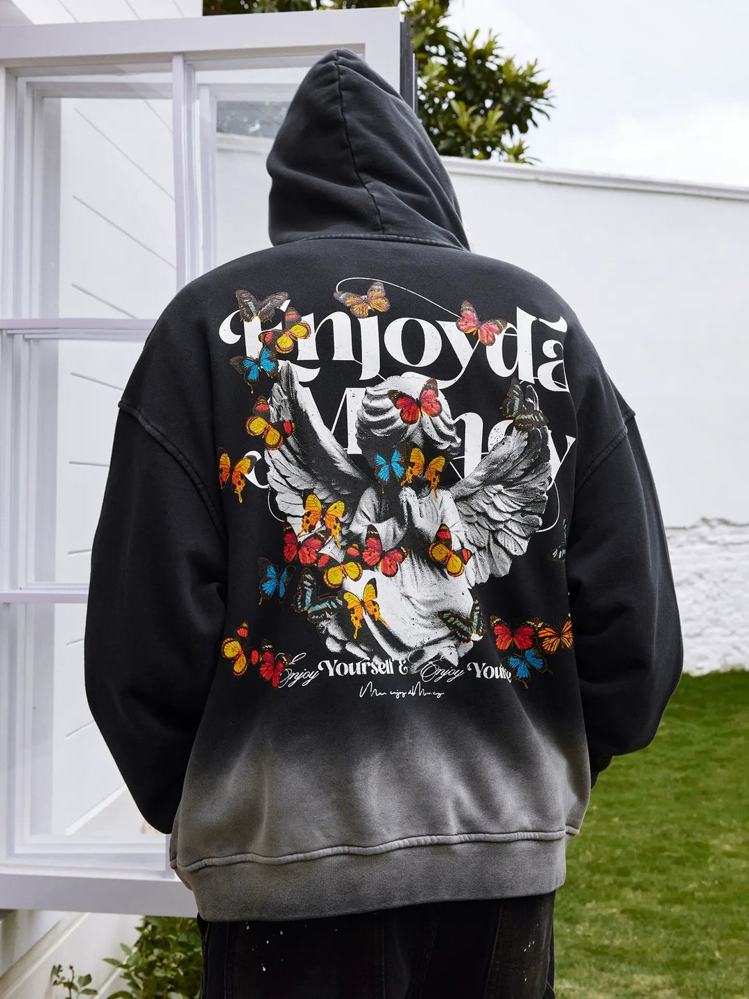 MEDM Washed Angel Butterfly Print Zip Up Hoodie | Face 3 Face